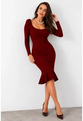 Kadın Bordo Kaşkorse Midi Elbise EY2976