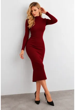 Kadın Bordo Sırtı Dekolteli Boğazlı Midi Elbise EY3012