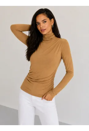 Kadın Camel Drapeli Boğazlı Uzun Kollu Esnek Fit Bluz