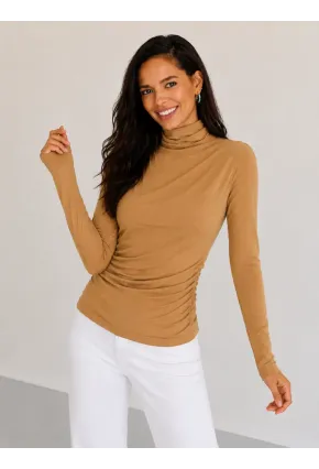 Kadın Camel Drapeli Boğazlı Uzun Kollu Esnek Fit Bluz