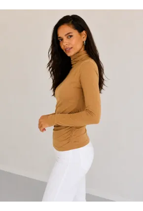 Kadın Camel Drapeli Boğazlı Uzun Kollu Esnek Fit Bluz