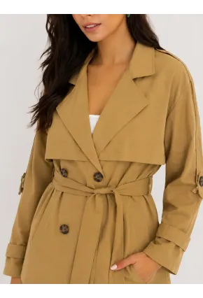 Kadın Camel Kuşaklı Trenç Ceket – Düğmeli Mevsimlik Oversize Model