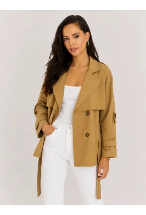 Kadın Camel Kuşaklı Trenç Ceket – Düğmeli Mevsimlik Oversize Model