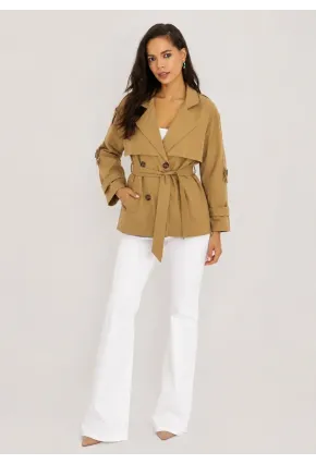Kadın Camel Kuşaklı Trenç Ceket – Düğmeli Mevsimlik Oversize Model