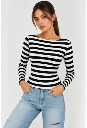 Kadın Çizgili Kayık Yaka Uzun Kollu Slim Fit Basic Bluz