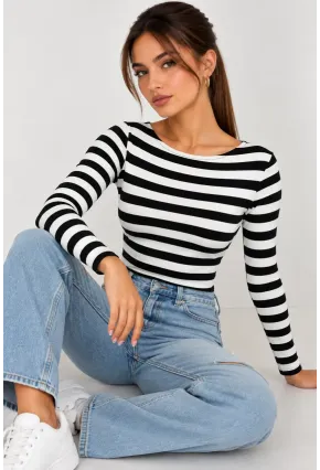 Kadın Çizgili Kayık Yaka Uzun Kollu Slim Fit Basic Bluz