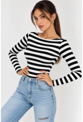 Kadın Çizgili Kayık Yaka Uzun Kollu Slim Fit Basic Bluz