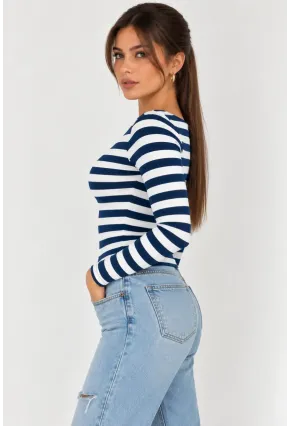 Kadın Çizgili Kayık Yaka Uzun Kollu Slim Fit Basic Bluz