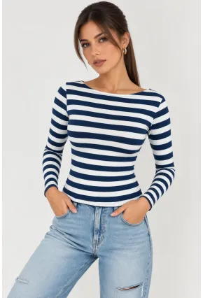 Kadın Çizgili Kayık Yaka Uzun Kollu Slim Fit Basic Bluz