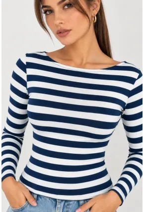 Kadın Çizgili Kayık Yaka Uzun Kollu Slim Fit Basic Bluz