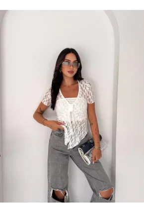 Kadın Dantel Detaylı Transparan Bluz Beyaz