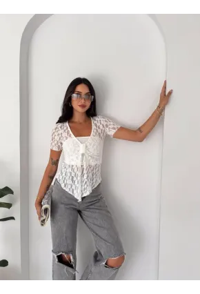 Kadın Dantel Detaylı Transparan Bluz Beyaz