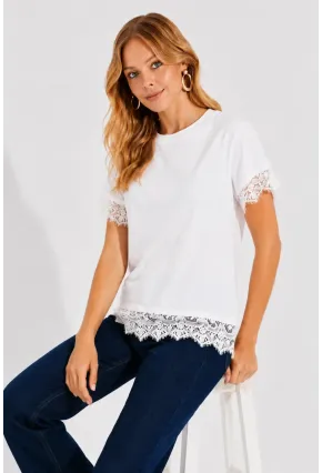 Kadın Eteği Dantel Detay T-shirt Beyaz