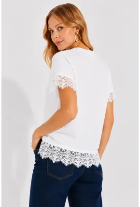 Kadın Eteği Dantel Detay T-shirt Beyaz