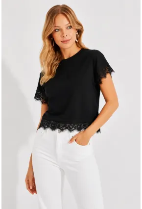 Kadın Eteği Dantel Detay T-shirt Siyah