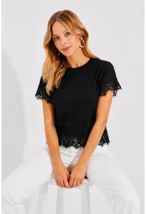 Kadın Eteği Dantel Detay T-shirt Siyah