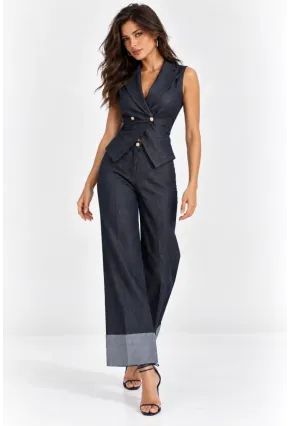 Kadın Gold Düğmeli Yelek & Geniş Paça Denim Pantolon Takım