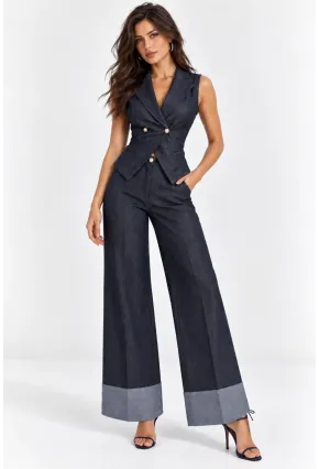 Kadın Gold Düğmeli Yelek & Geniş Paça Denim Pantolon Takım
