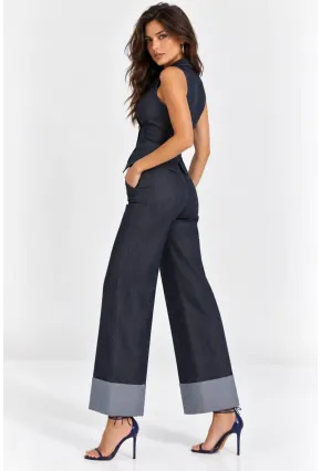 Kadın Gold Düğmeli Yelek & Geniş Paça Denim Pantolon Takım