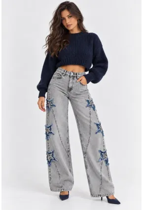 Kadın Gri Yıkamalı Yıldız Aplikeli Yüksek Bel Wide Leg Jean Pantolon