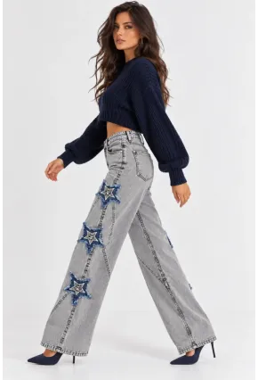 Kadın Gri Yıkamalı Yıldız Aplikeli Yüksek Bel Wide Leg Jean Pantolon