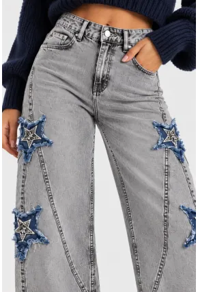 Kadın Gri Yıkamalı Yıldız Aplikeli Yüksek Bel Wide Leg Jean Pantolon