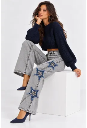 Kadın Gri Yıkamalı Yıldız Aplikeli Yüksek Bel Wide Leg Jean Pantolon
