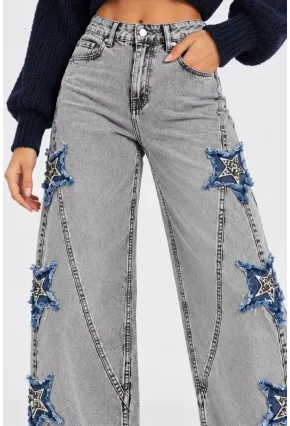 Kadın Gri Yıkamalı Yıldız Aplikeli Yüksek Bel Wide Leg Jean Pantolon