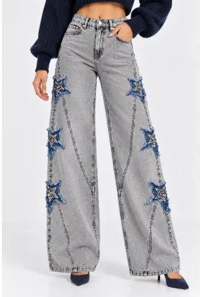Kadın Gri Yıkamalı Yıldız Aplikeli Yüksek Bel Wide Leg Jean Pantolon