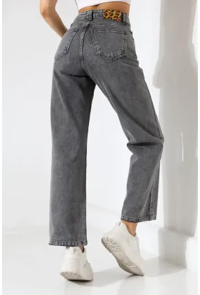 Kadın Gri Yüksek Bel Wide Leg Jean