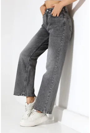 Kadın Gri Yüksek Bel Wide Leg Jean
