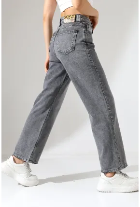 Kadın Gri Yüksek Bel Wide Leg Jean