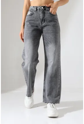 Kadın Gri Yüksek Bel Wide Leg Jean