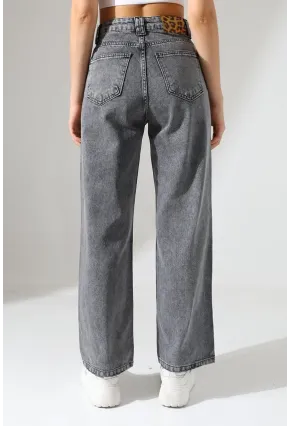 Kadın Gri Yüksek Bel Wide Leg Jean