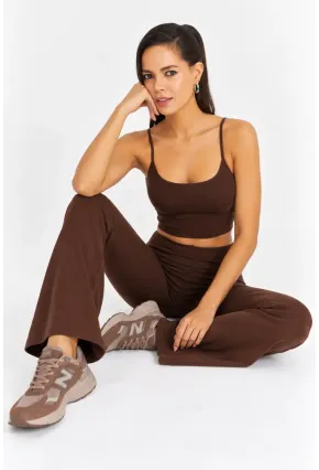 Kadın Kahverengi Askılı Crop Top ve İspanyol Paça Pantolon Spor Takım