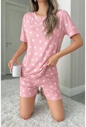 Kadın Kısa Kollu Şortlu Pijama Takımı Kalp Baskılı