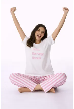 Kadın Kısa Kollu Uzun Pantolonlu Pamuklu Pijama Takımı