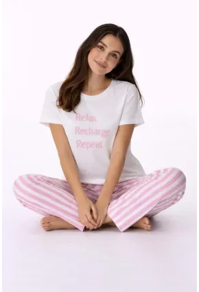 Kadın Kısa Kollu Uzun Pantolonlu Pamuklu Pijama Takımı