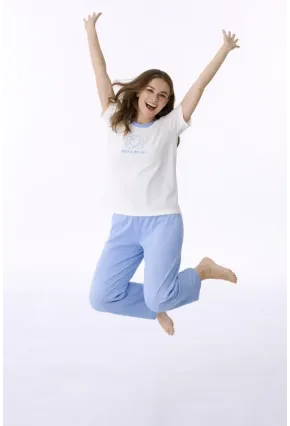 Kadın Kısa Kollu Uzun Pantolonlu Pamuklu Pijama Takımı – Rest & Relax Baskılı Mavi
