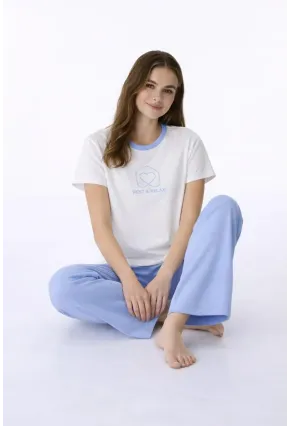 Kadın Kısa Kollu Uzun Pantolonlu Pamuklu Pijama Takımı – Rest & Relax Baskılı Mavi