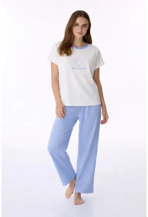 Kadın Kısa Kollu Uzun Pantolonlu Pamuklu Pijama Takımı – Rest & Relax Baskılı Mavi
