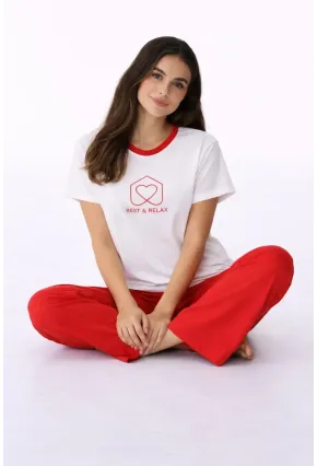 Kadın Kısa Kollu Uzun Pantolonlu Pamuklu Pijama Takımı – Rest & Relax Baskılı Mavi