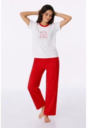 Kadın Kısa Kollu Uzun Pantolonlu Pamuklu Pijama Takımı – Rest & Relax Baskılı Mavi