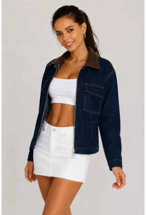 Kadın Lacivert Denim Ceket Süet Yaka Fermuarlı Cepli Desenli Jean Ceket