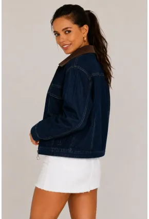 Kadın Lacivert Denim Ceket Süet Yaka Fermuarlı Cepli Desenli Jean Ceket