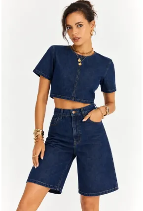 Kadın Lacivert Denim Crop Üst ve Yüksek Bel Bermuda Şort İkili Takım