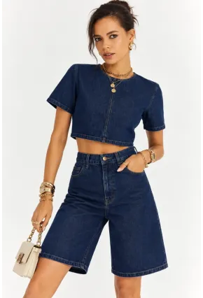 Kadın Lacivert Denim Crop Üst ve Yüksek Bel Bermuda Şort İkili Takım