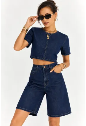 Kadın Lacivert Denim Crop Üst ve Yüksek Bel Bermuda Şort İkili Takım