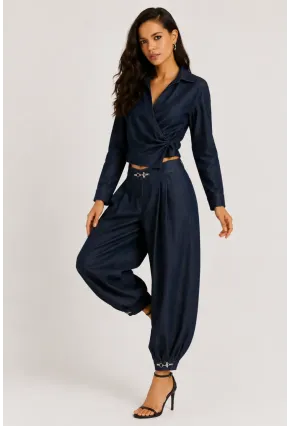 Kadın Lacivert Denim Görünümlü Kruvaze Bluz ve Şalvar Pantolon 2’li Takım