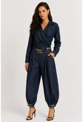 Kadın Lacivert Denim Görünümlü Kruvaze Bluz ve Şalvar Pantolon 2’li Takım